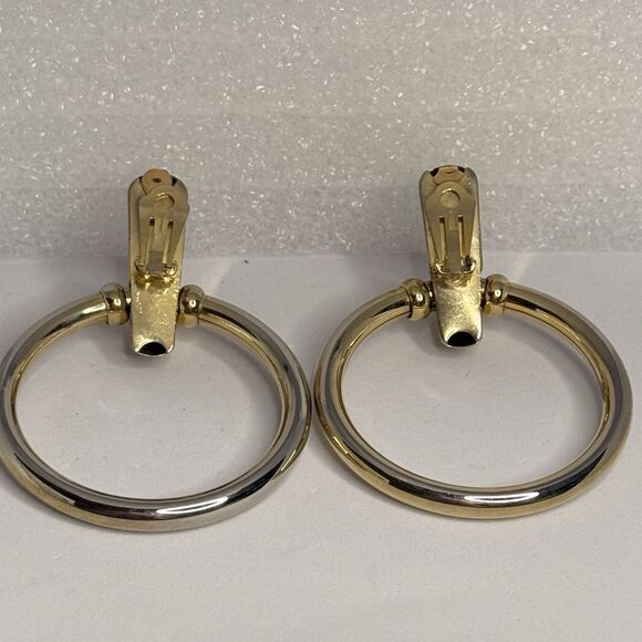 Vintage Gold Tone Dangle Hoop Clip On Earrings, Door Knocker, 80s Estate - Picture 3 of 5